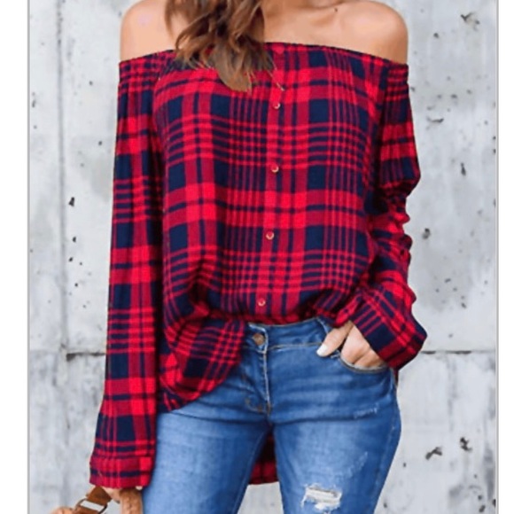 Long Sleeve Red & Blue Plaid Top - Picture 5 of 6
